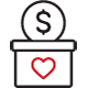 Black and red line art depicting a coin going into a box with a red heart on it Black and red line art depicting a coin going into a box with a red heart on it
